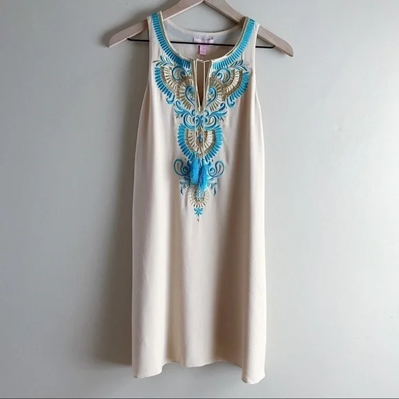 NWT Lilly Pulitzer Embroidered Aubra Shift Dress in Sand Dune, Sleeveless, XXS - Picture 2 of 13